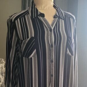 Blue and White Striped Long Button-Up Shirt
